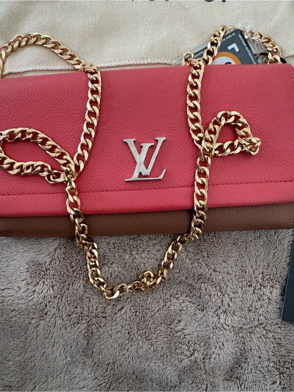Louis Vuitton Pink and Brown Crossbody Wallet with Gold Chain